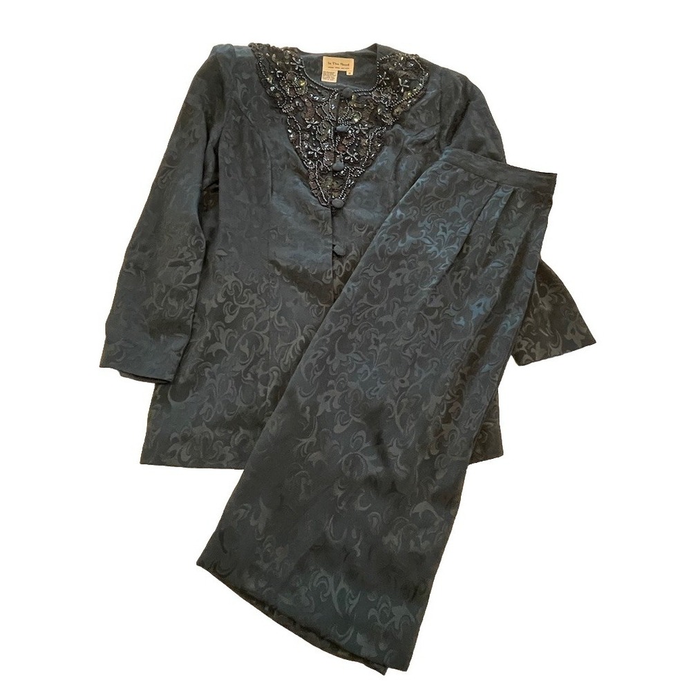 In The Mood Womens Blue Green  Damask 2-Piece Skirt Suit Outfit Set Size 12